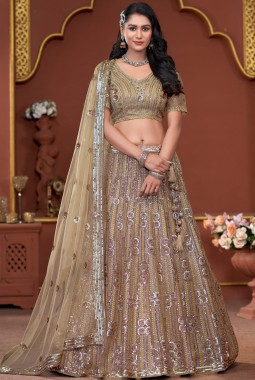 Golden Net Sequins Embroidered Wedding Lehenga Choli