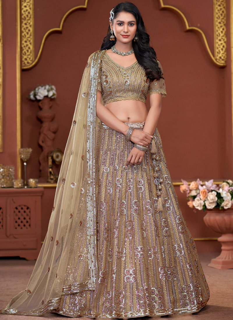 Golden Net Sequins Embroidered Wedding Lehenga Choli