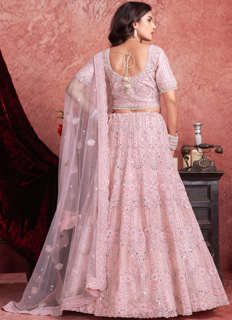 Baby Pink Net Mirror Zarkan Wedding Lehenga Choli