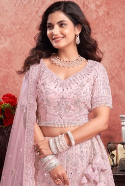 Baby Pink Net Mirror Zarkan Wedding Lehenga Choli