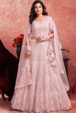 Baby Pink Net Mirror Zarkan Wedding Lehenga Choli