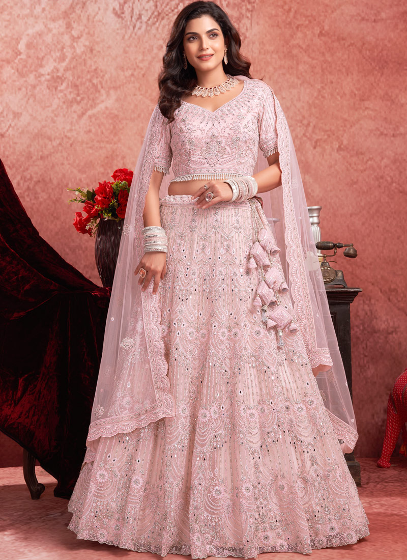 Baby Pink Net Mirror Zarkan Wedding Lehenga Choli