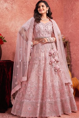Pink Net Mirror Zarkan Wedding Lehenga Choli