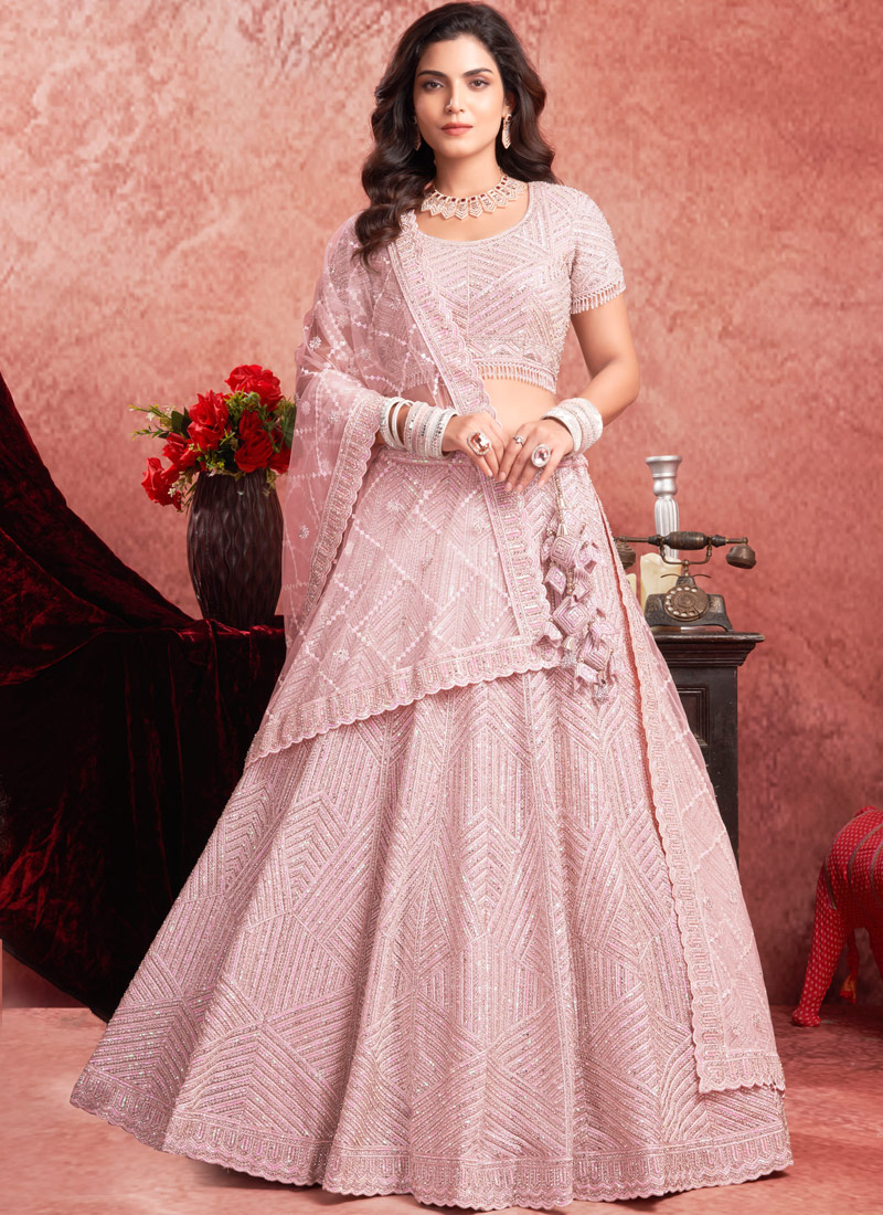 Baby Pink Net Zarkan Wedding Lehenga Choli