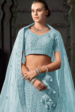 Sky Blue Net Zarkan Wedding Lehenga Choli