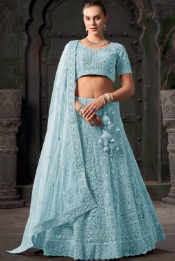 Sky Blue Net Zarkan Wedding Lehenga Choli