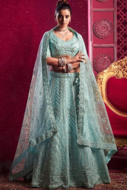 Sky Blue Net Zarkan Wedding Lehenga Choli