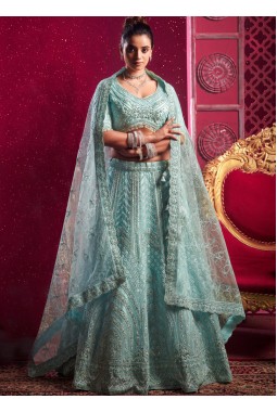 Sky Blue Net Zarkan Wedding Lehenga Choli