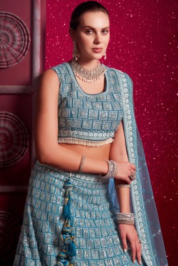 Blue Net Zarkan Sequins Wedding Lehenga Choli