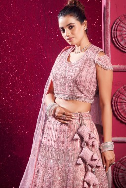 Peach Net Zarkan Pearls Wedding Lehenga Choli