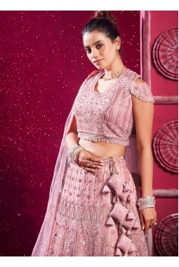 Peach Net Zarkan Pearls Wedding Lehenga Choli