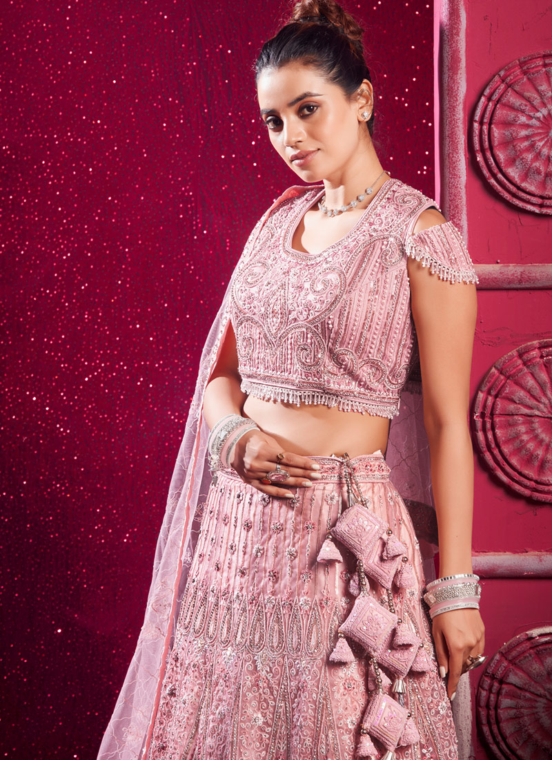 Peach Net Zarkan Pearls Wedding Lehenga Choli