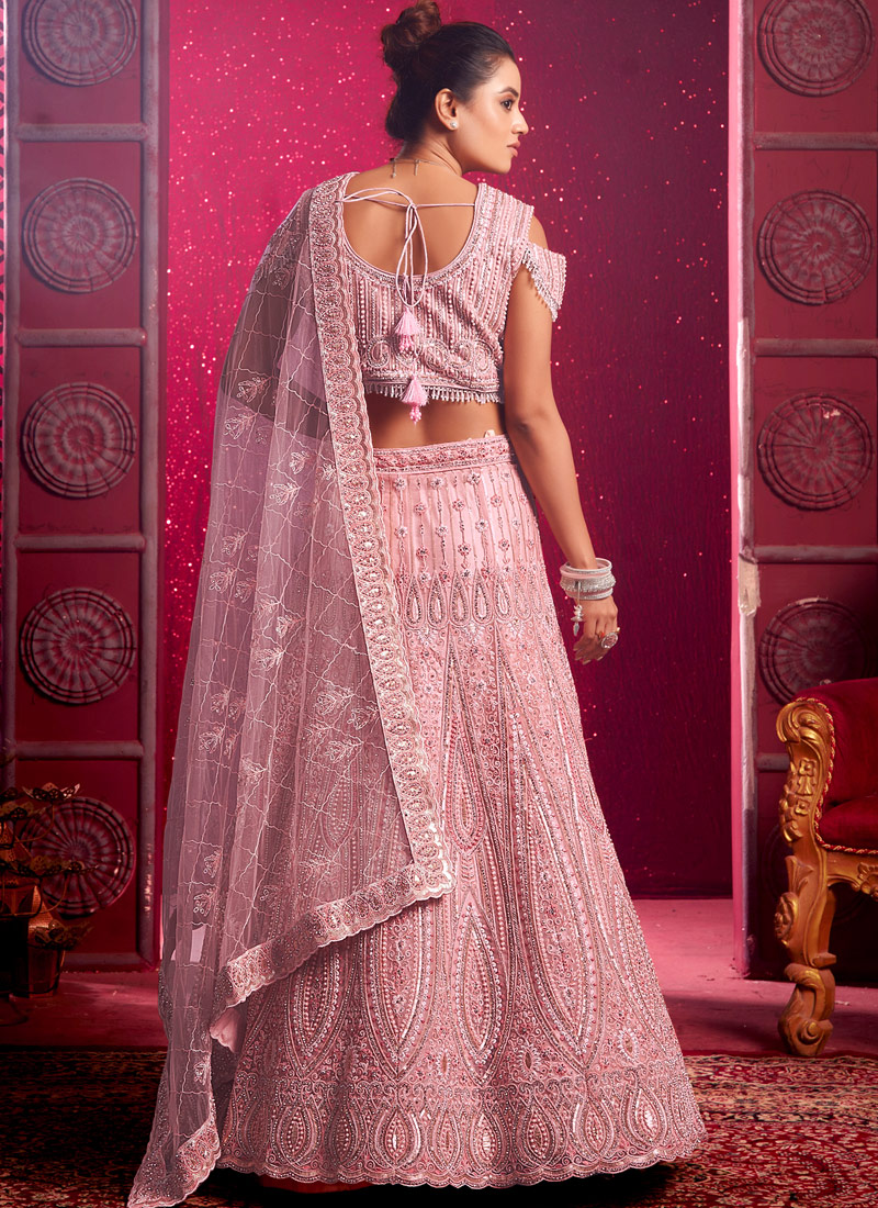 Peach Net Zarkan Pearls Wedding Lehenga Choli