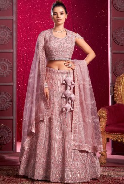 Peach Net Zarkan Pearls Wedding Lehenga Choli