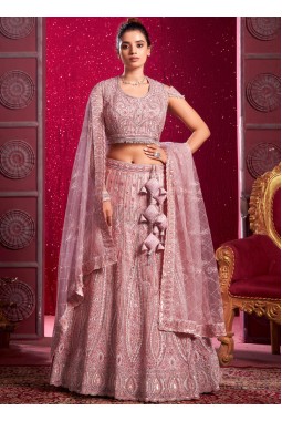 Peach Net Zarkan Pearls Wedding Lehenga Choli