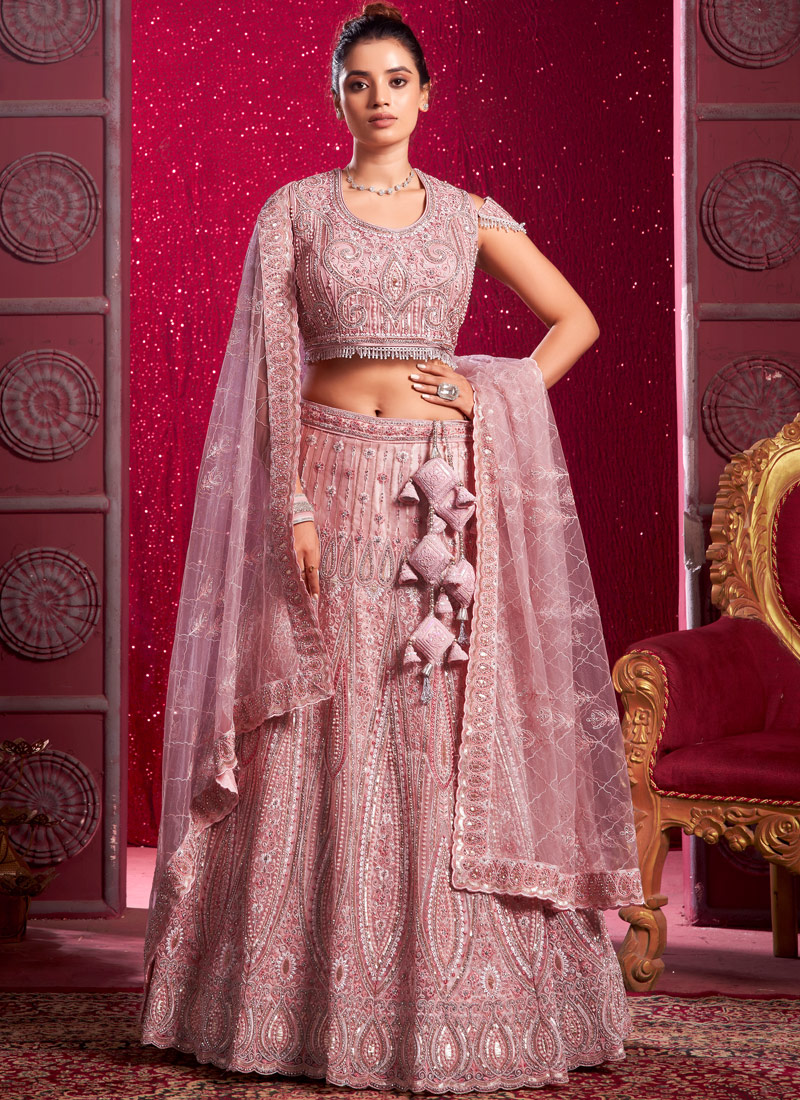 Peach Net Zarkan Pearls Wedding Lehenga Choli