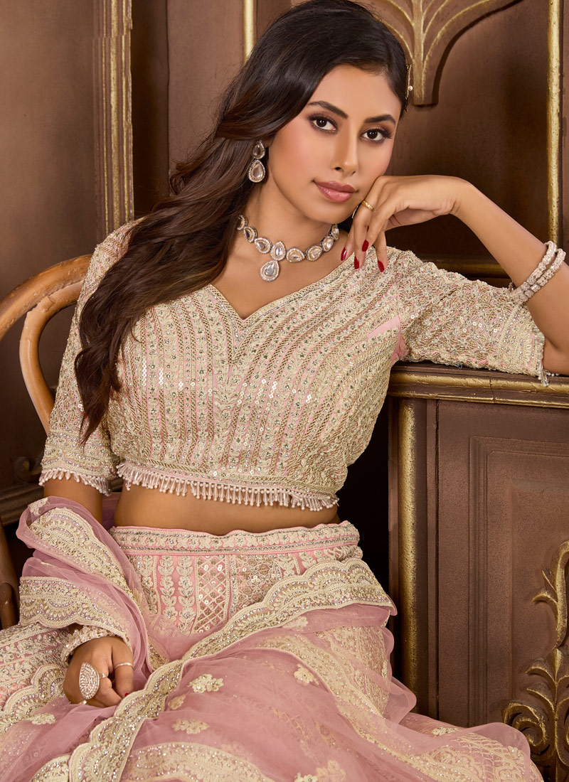 Peach Net Zarkan Codding Wedding Lehenga Choli