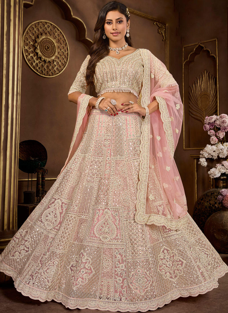 Peach Net Zarkan Codding Wedding Lehenga Choli