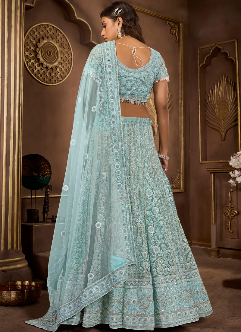 Sky Blue Net Zarkan Wedding Lehenga Choli