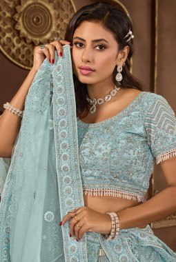 Sky Blue Net Zarkan Wedding Lehenga Choli