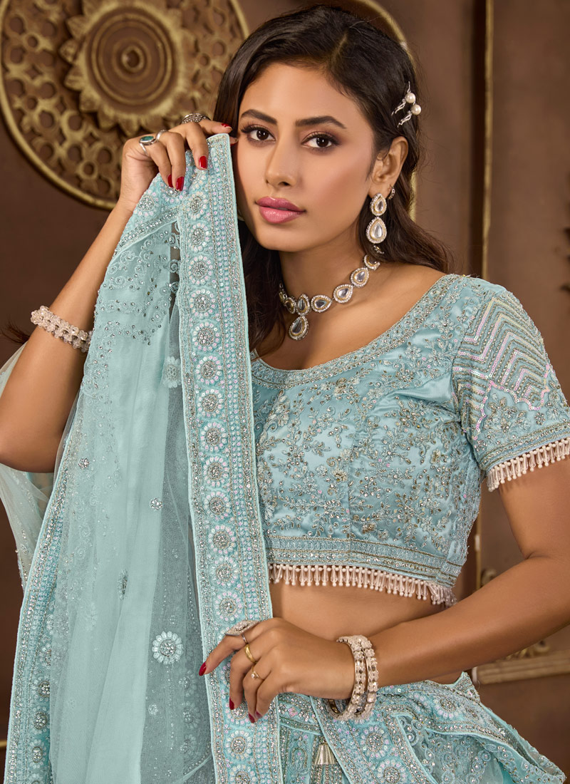 Sky Blue Net Zarkan Wedding Lehenga Choli