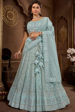 Sky Blue Net Zarkan Wedding Lehenga Choli