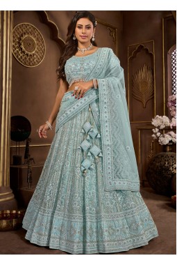 Sky Blue Net Zarkan Wedding Lehenga Choli
