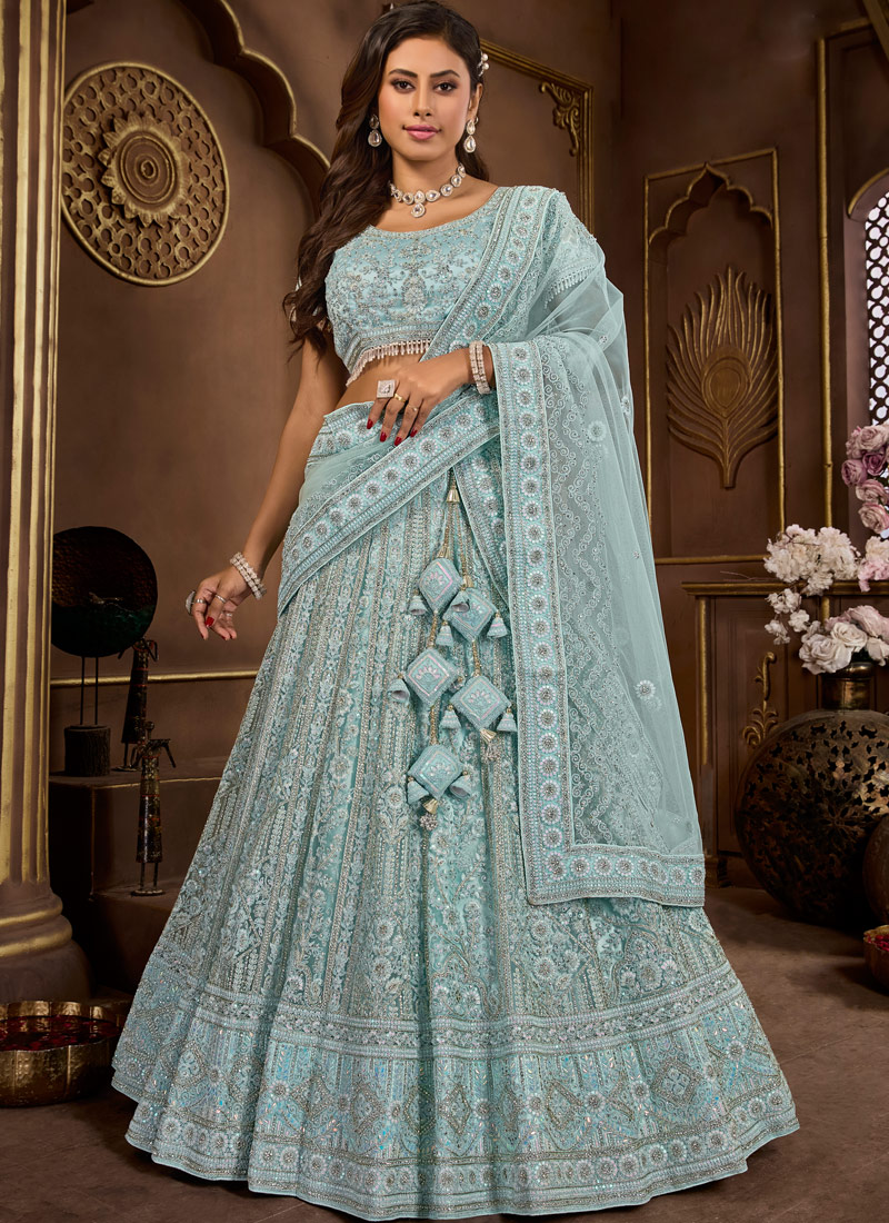 Sky Blue Net Zarkan Wedding Lehenga Choli