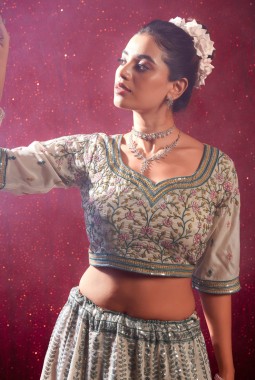 Creamy Shine Silk Sequins Embroidered Wedding Lehenga Choli 