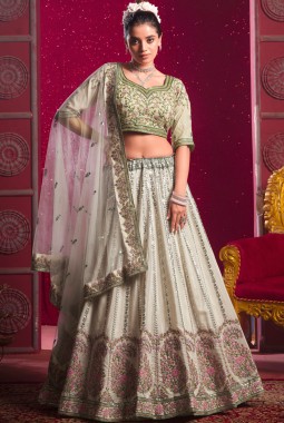 Creamy Shine Silk Sequins Embroidered Wedding Lehenga Choli 