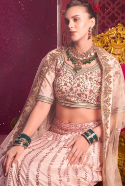 Peach Shine Silk Sequins Embroidered Wedding Lehenga Choli