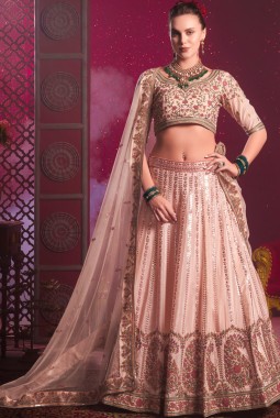 Peach Shine Silk Sequins Embroidered Wedding Lehenga Choli