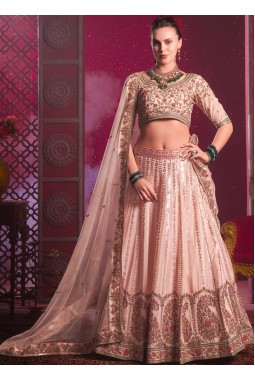 Peach Shine Silk Sequins Embroidered Wedding Lehenga Choli
