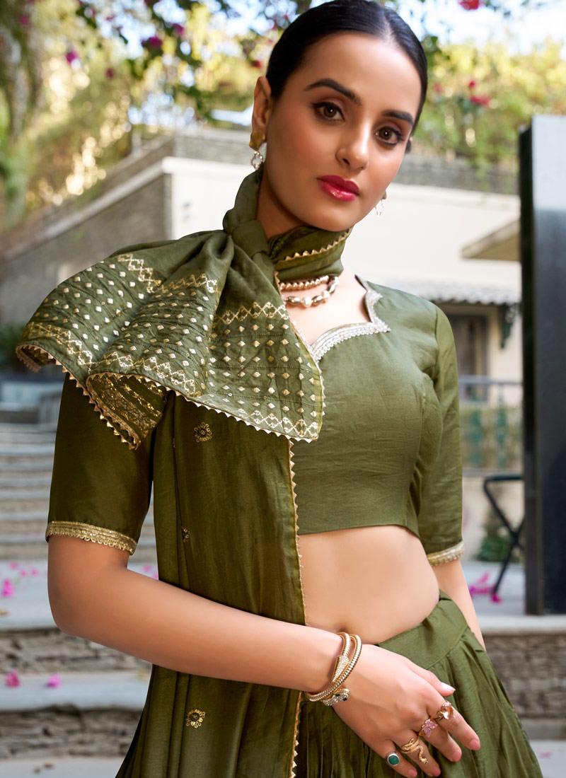Green Chanderi Zari Weaving Festival Wear Lehenga Choli Green Chanderi Zari Weaving Festival Wear Lehenga Choli