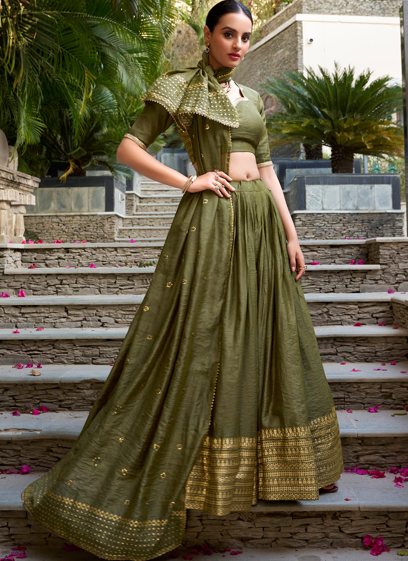 Green Chanderi Zari Weaving Festival Wear Lehenga Choli Green Chanderi Zari Weaving Festival Wear Lehenga Choli