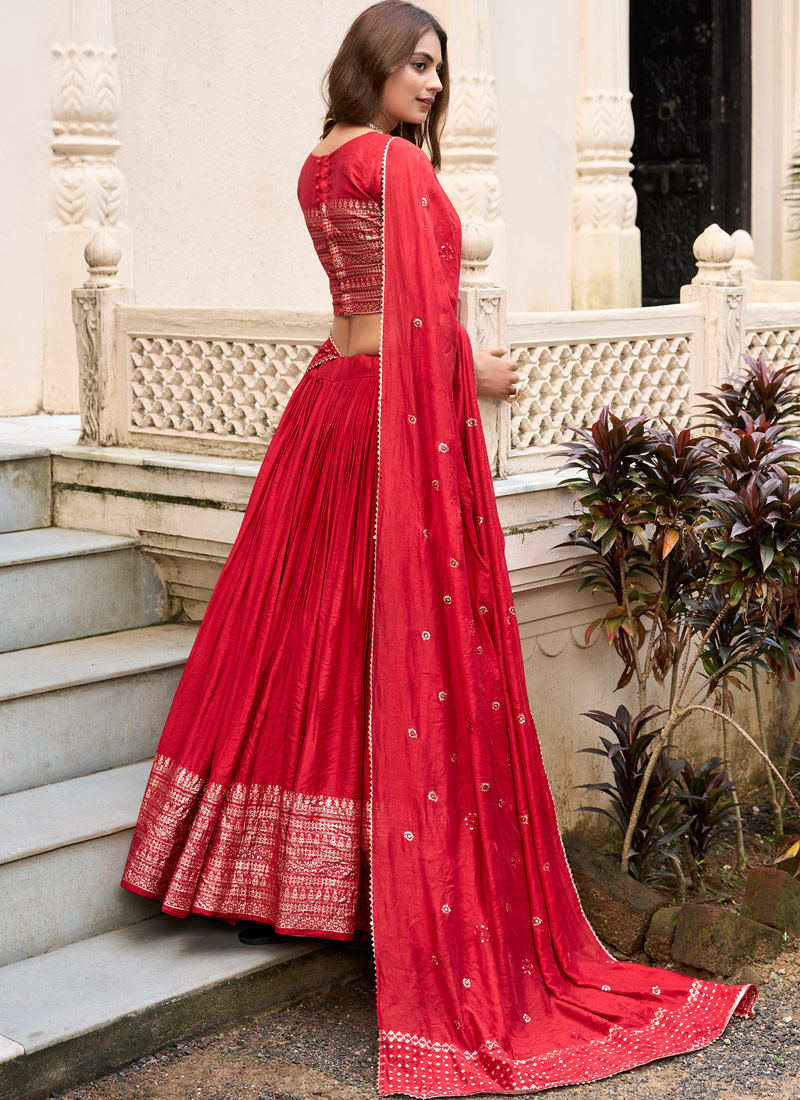 Red Chanderi Zari Weaving Festival Wear Lehenga Choli Red Chanderi Zari Weaving Festival Wear Lehenga Choli
