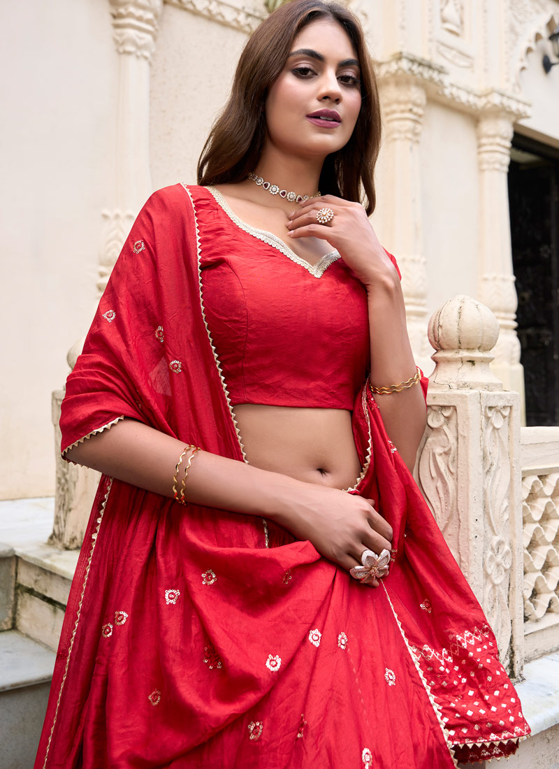 Red Chanderi Zari Weaving Festival Wear Lehenga Choli Red Chanderi Zari Weaving Festival Wear Lehenga Choli