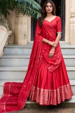 Red Chanderi Zari Weaving Festival Wear Lehenga Choli