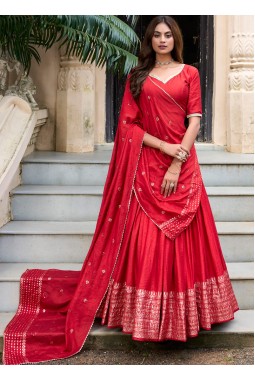 Red Chanderi Zari Weaving Festival Wear Lehenga Choli