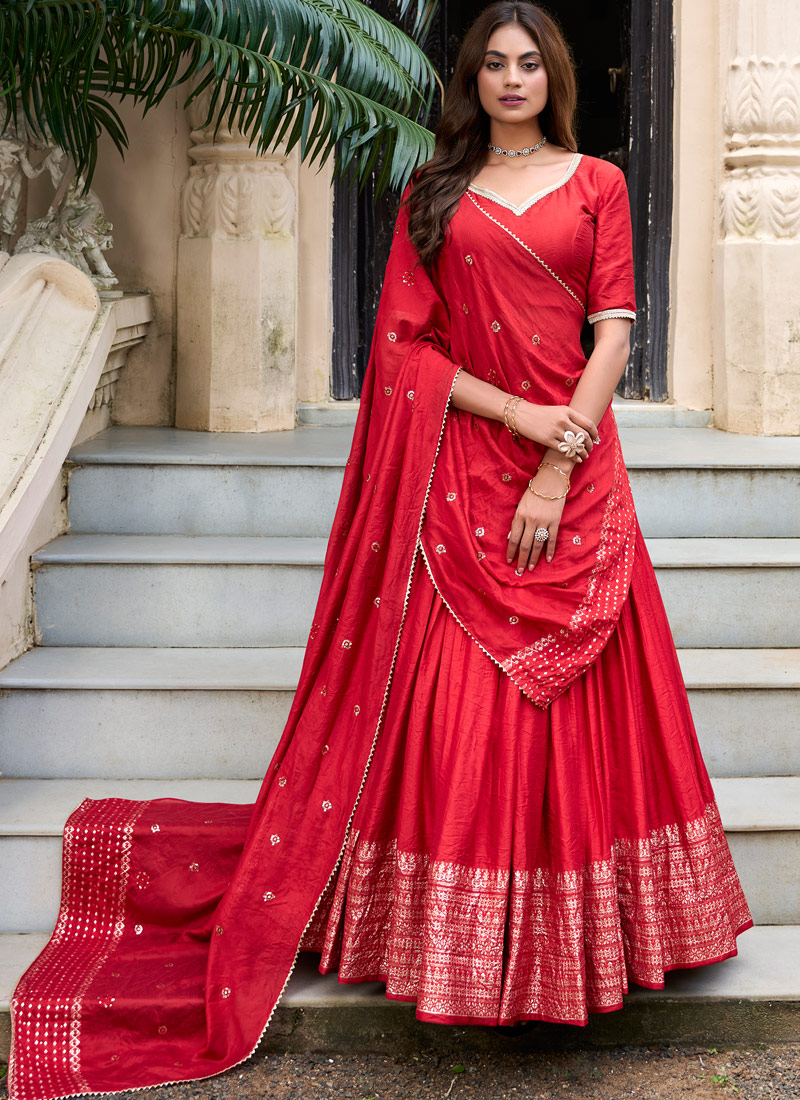 Red Chanderi Zari Weaving Festival Wear Lehenga Choli Red Chanderi Zari Weaving Festival Wear Lehenga Choli