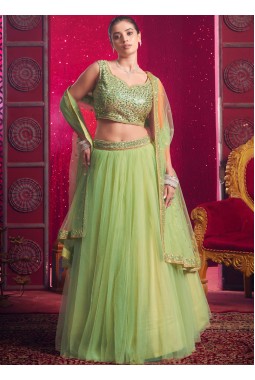 Dark Pista Net Sequins Work Wedding Lehenga Choli