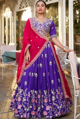 Purple Silk Thread Embroidered Wedding Lehenga Choli