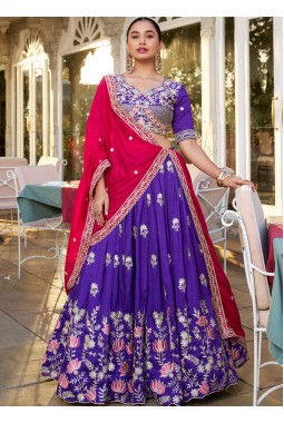 Purple Silk Thread Embroidered Wedding Lehenga Choli
