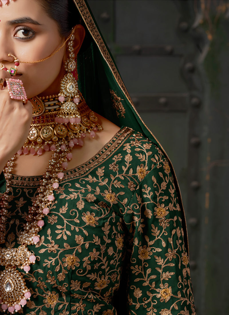 Bottle Green Georgette Codding Zarkan Bridal Lehenga Choli