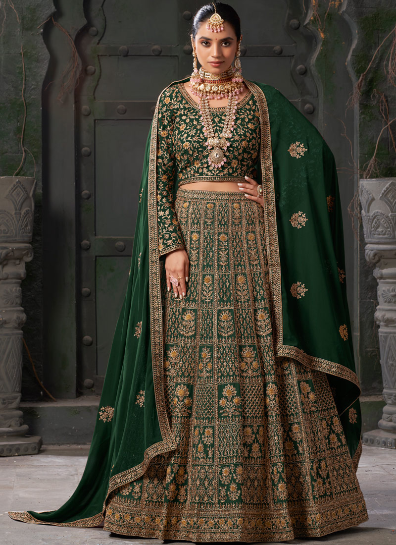 Bottle Green Georgette Codding Zarkan Bridal Lehenga Choli