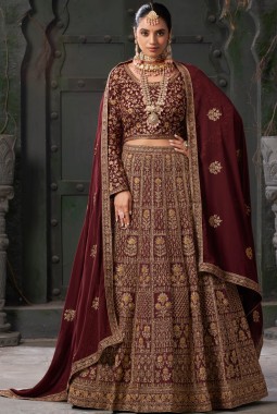 Maroon Georgette Codding Zarkan Bridal Lehenga Choli