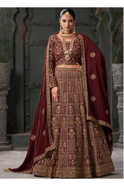 Maroon Georgette Codding Zarkan Bridal Lehenga Choli