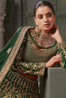 Bottle Green Georgette Codding Zarkan Bridal Lehenga Choli