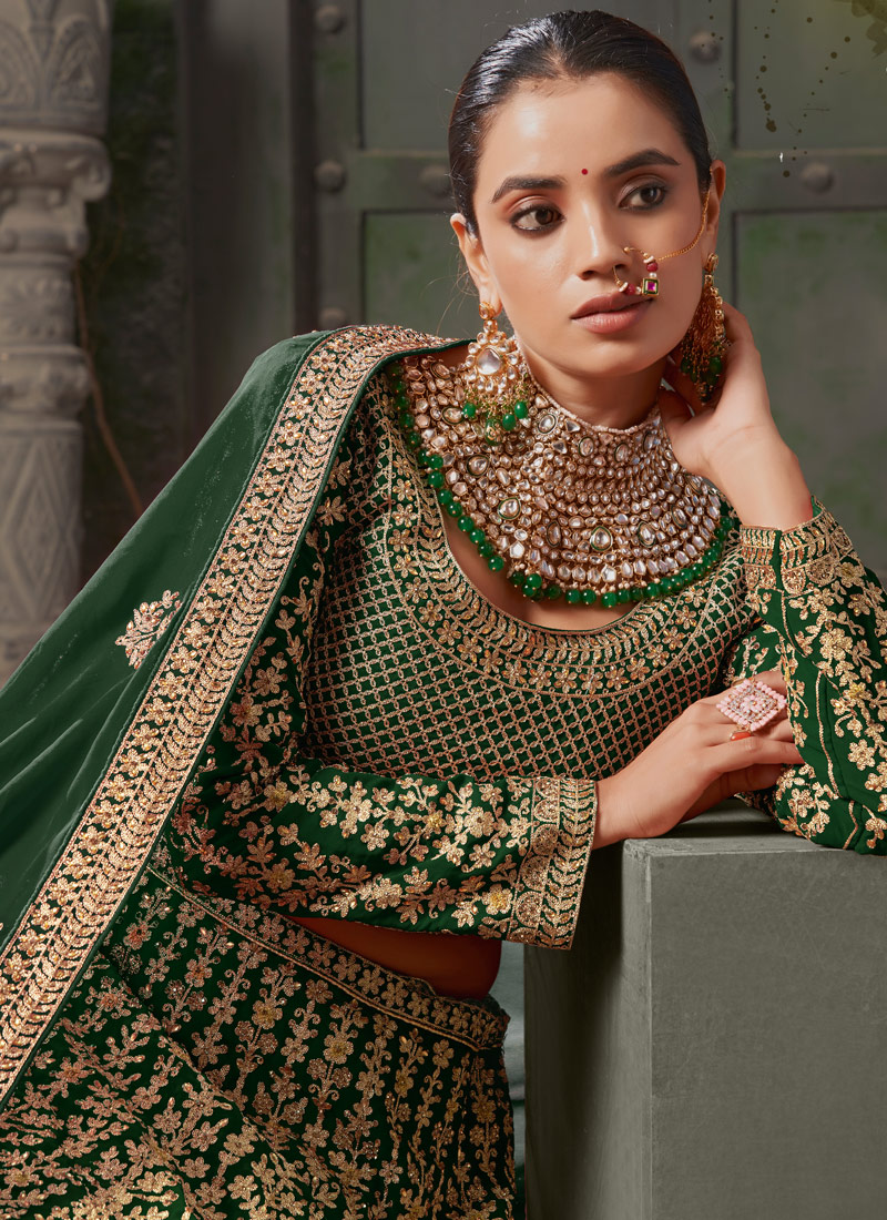 Bottle Green Georgette Codding Zarkan Bridal Lehenga Choli