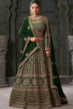 Bottle Green Georgette Codding Zarkan Bridal Lehenga Choli